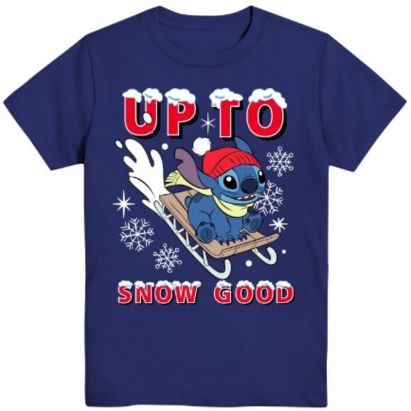Disney Stitch Boys Tee Holiday Shirt Christmas Sledding Up to Snow Good 4/5 - Picture 4 of 4